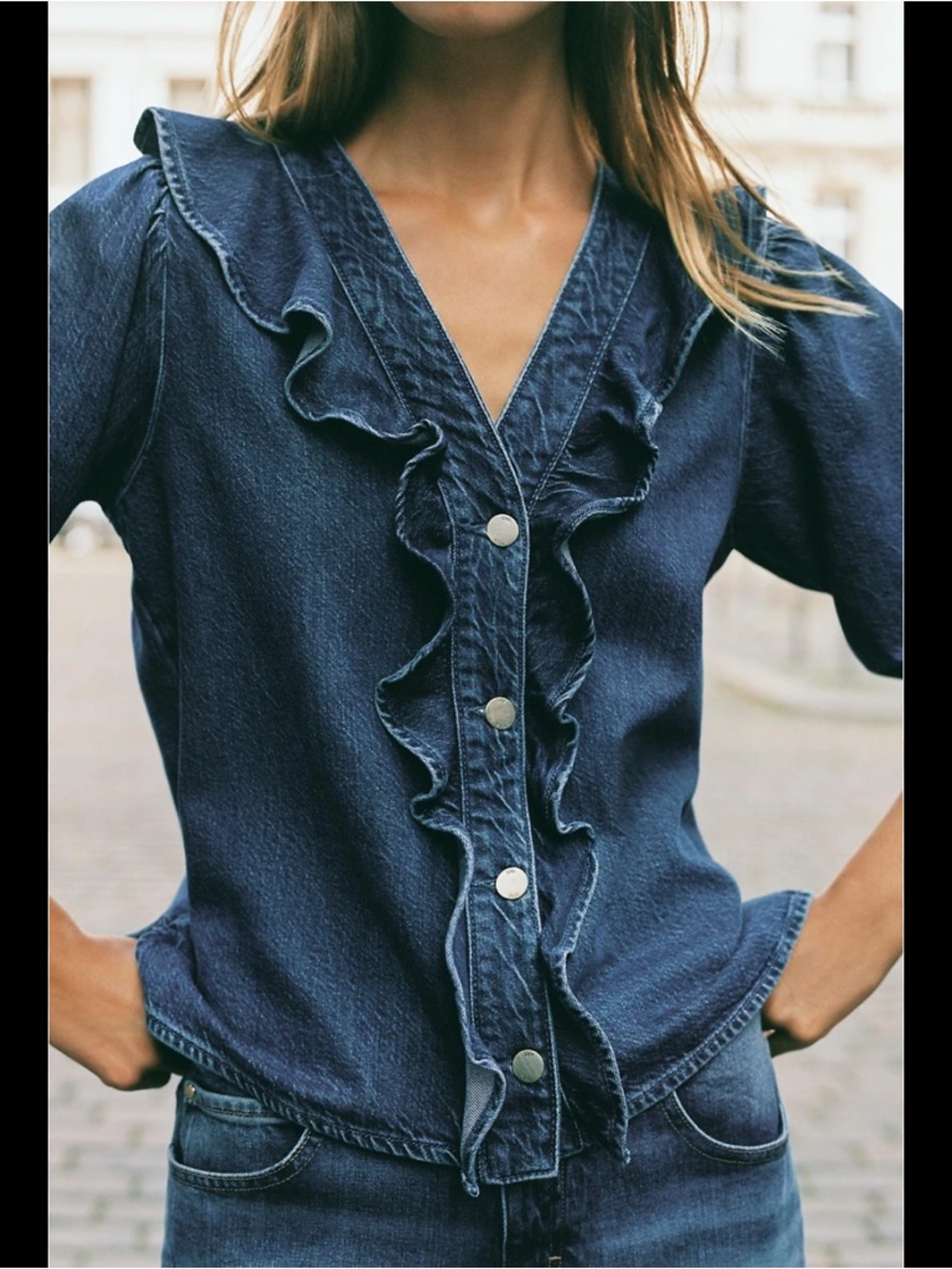 Zara Z1975 Denim Ruffle Shirt